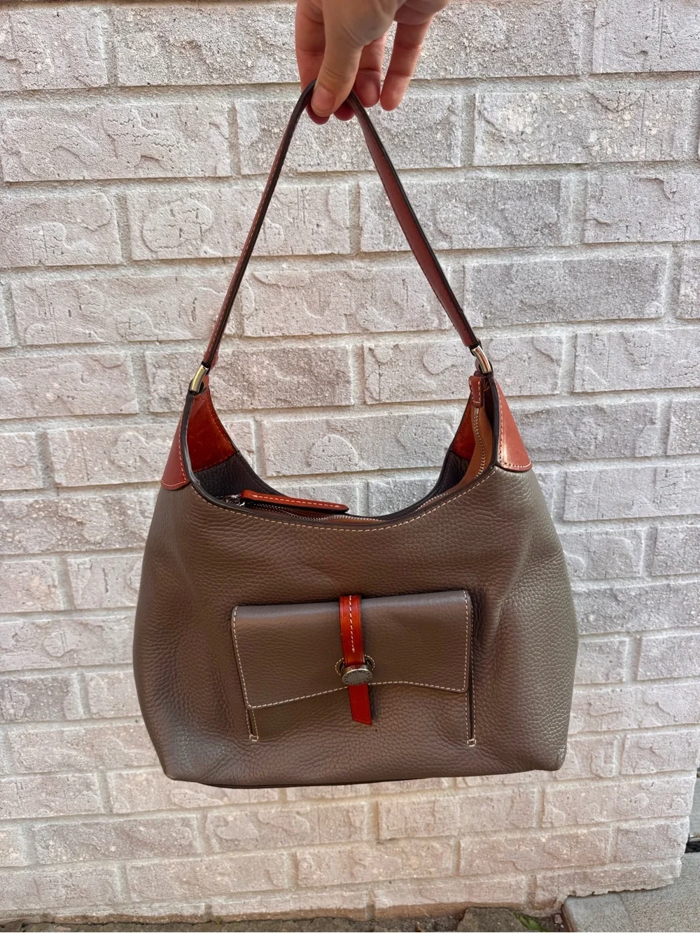 Dooney & Bourke Taupe Leather Shoulder Bag with Brown Accents